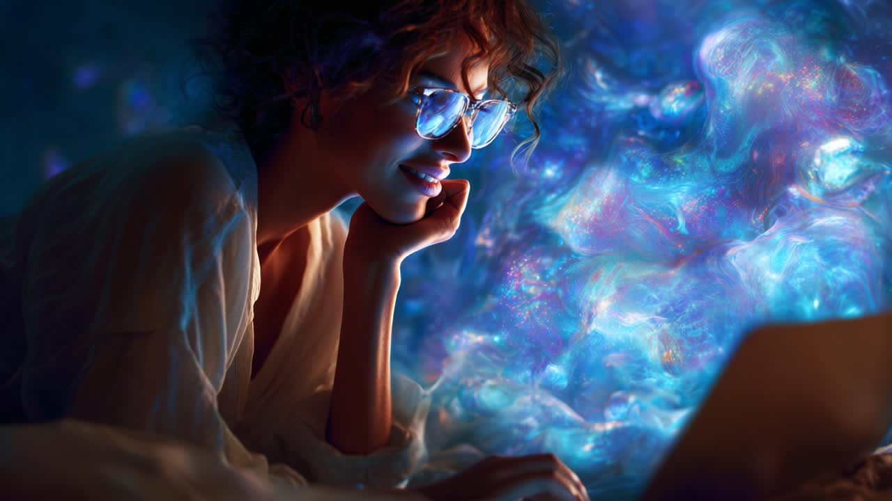A contemplative moment captured in a vibrant, cosmic backdrop as a woman immersed in her thoughts gazes thoughtfully at her laptop, surrounded by a swirl of colorful, ethereal patterns