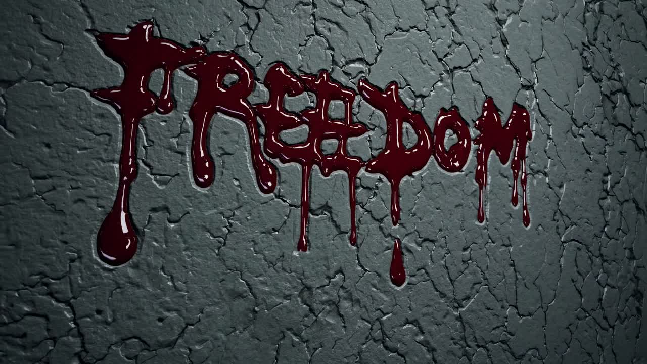 Blood dripping onto a gray wall forms the word freedom, crafting a dramatic and impactful scene that highlights the profound cost of liberty and the struggles for justice