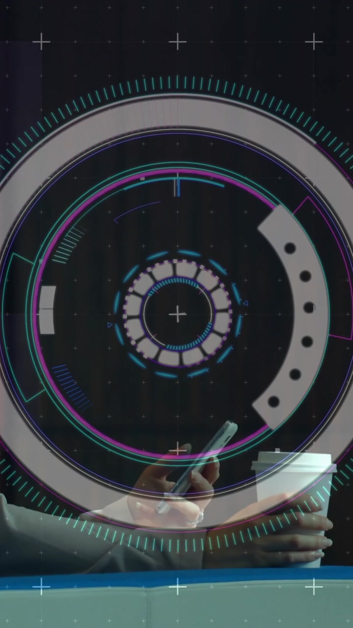 Animation of data processing and scope scanning over woman using smartphone
