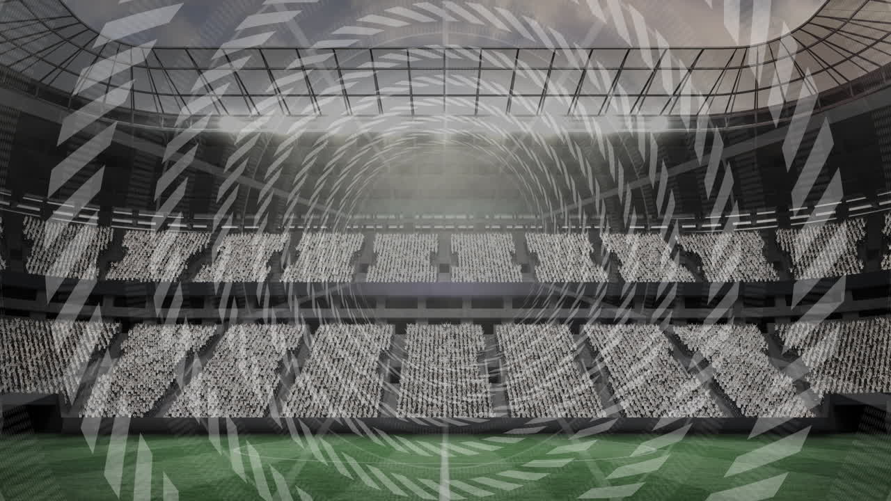 United Nations emblem overlay on stadium seating with green field animation