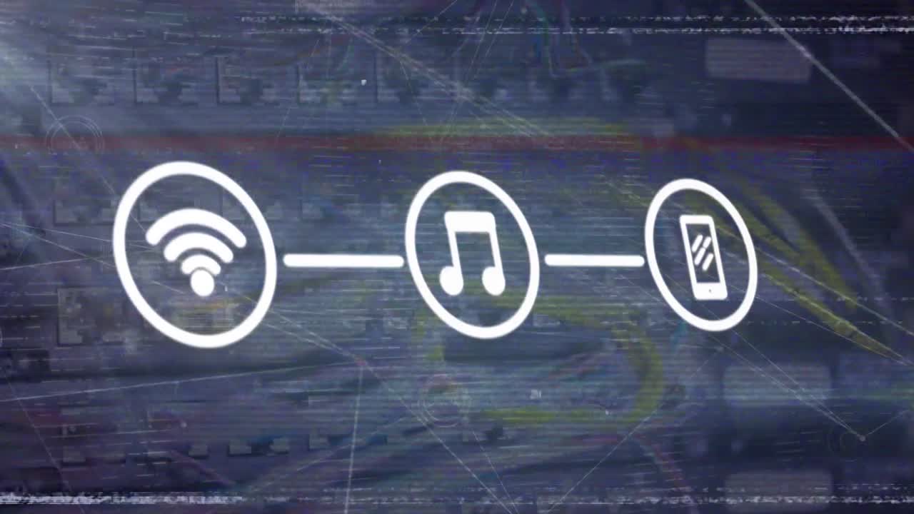 animação de processamento de dados e ícones sobre trabalhadores caucasianos na sala de servidores