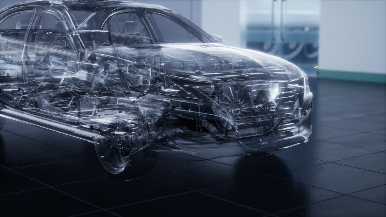 실험실에서 엔진이 있는 투명한 자동차