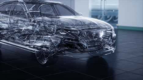 coche transparente con motor en el laboratorio