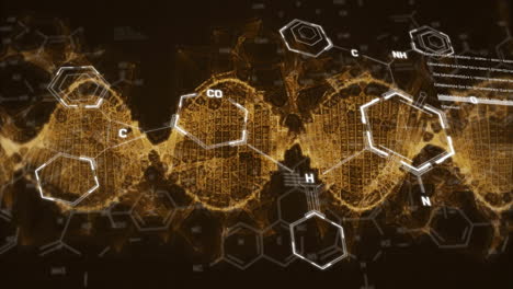 animation of scientific data processing and dna strand over black background