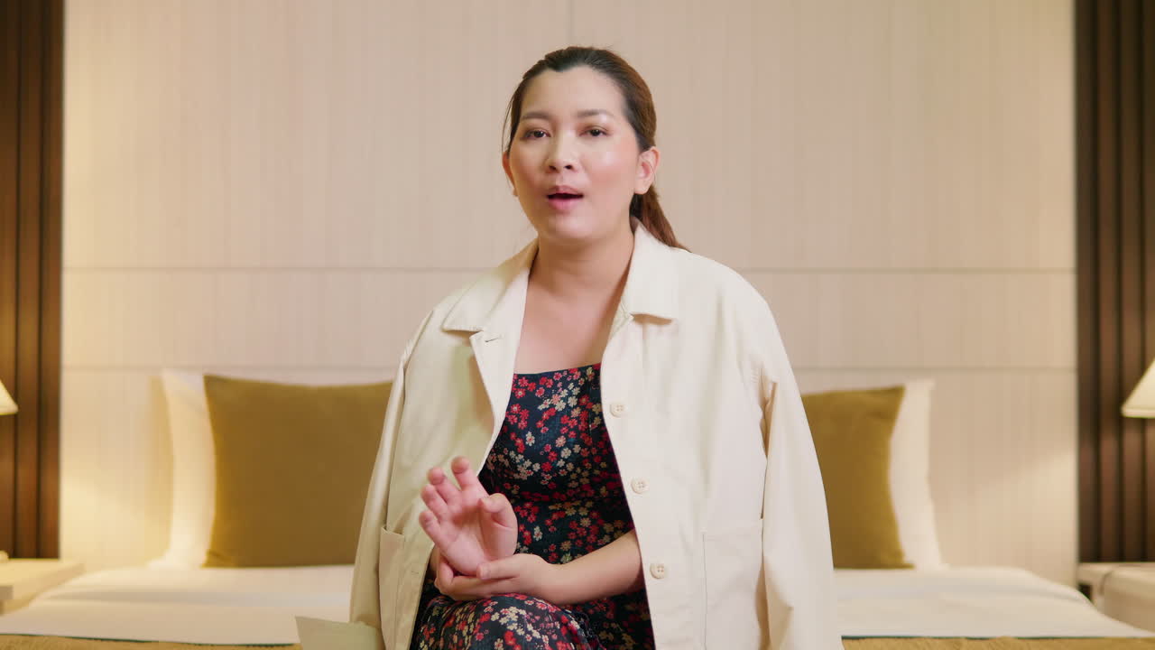 Giovane donna che spiega e partecipa a un'intervista video online, in abbigliamento casual, parlando in una stanza