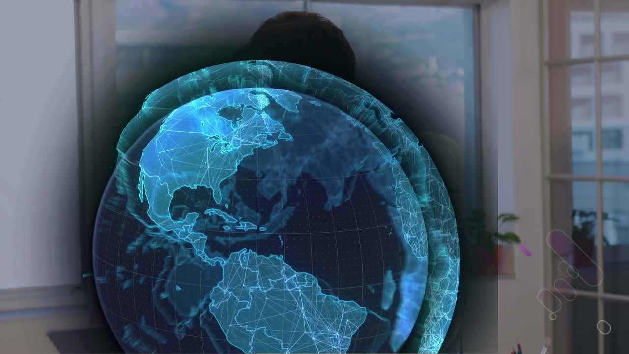 글로벌 네트워크 처리 데이터의 애니메이션과 사무실에서 일하는 남성과 여성의 보라색 줄무 ⁇