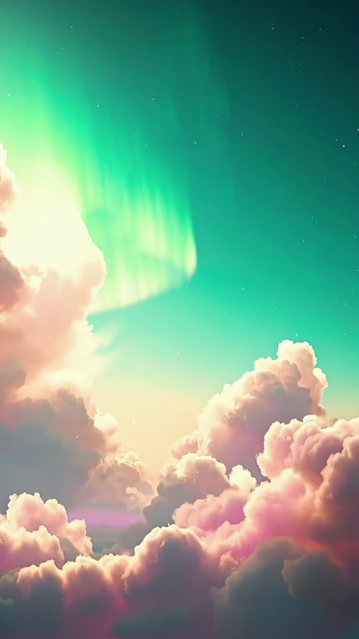 Aerial video angle of dreamy clouds with a vibrant, surreal sky, evoking fantasy