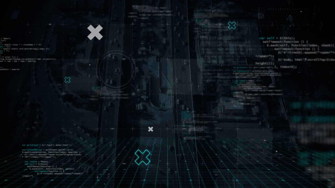 Animation of network of connections with data processing over aerial view of cityscape