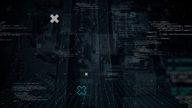 Animation of network of connections with data processing over aerial view of cityscape