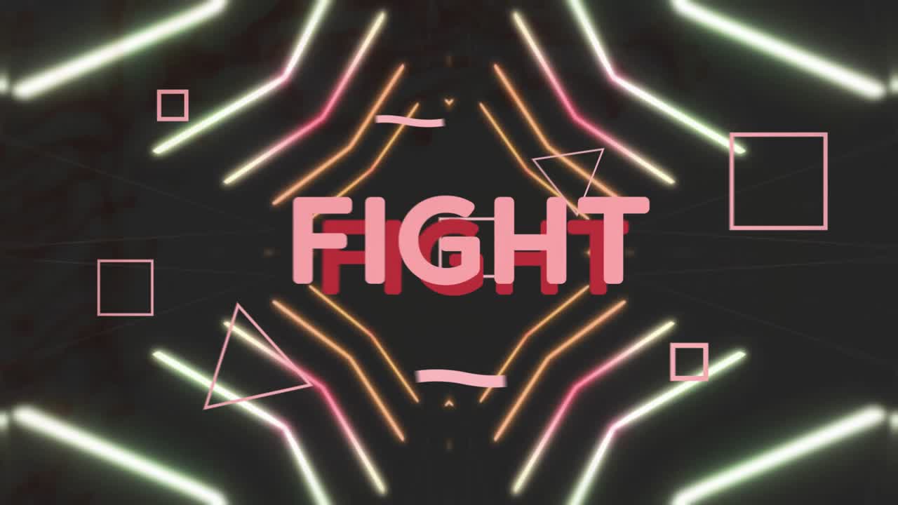 Motivi al neon convergenti che formano contorni in trasformazione attorno alla scritta 3D rosa FIGHT che mette in evidenza FIGHT
