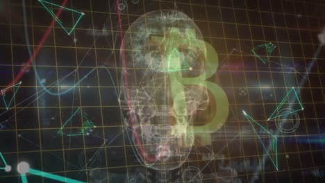 animación de cráneo y bitcoin sobre procesamiento de datos y burbujas en fondo negro