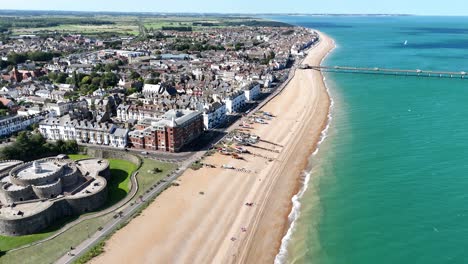 Deal seaside town seafront Kent UK Panning drone aerial summers day
