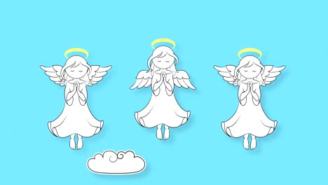 three angels with wings and a halo fly in the sky