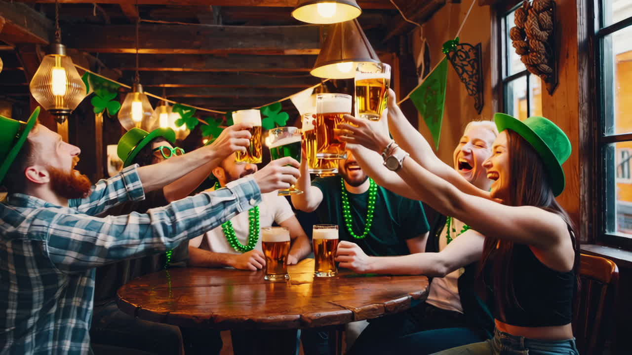 Friends celebrating St. Patrick's Day with beers at a pub