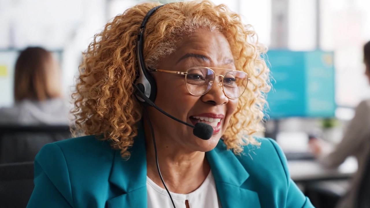 Engaging Customer Support Professional with Headset Smiling During Call in Modern Office Environment, Providing Assistance and Building Client Relationships