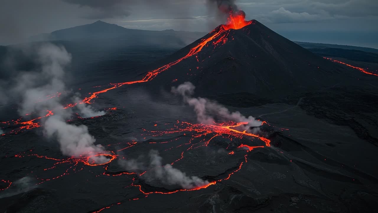 Majestic Volcano Eruption: A Stunning Display of Nature's Fury with Flowing Lava and Dramatic Clouds, Captured in Breathtaking Detail