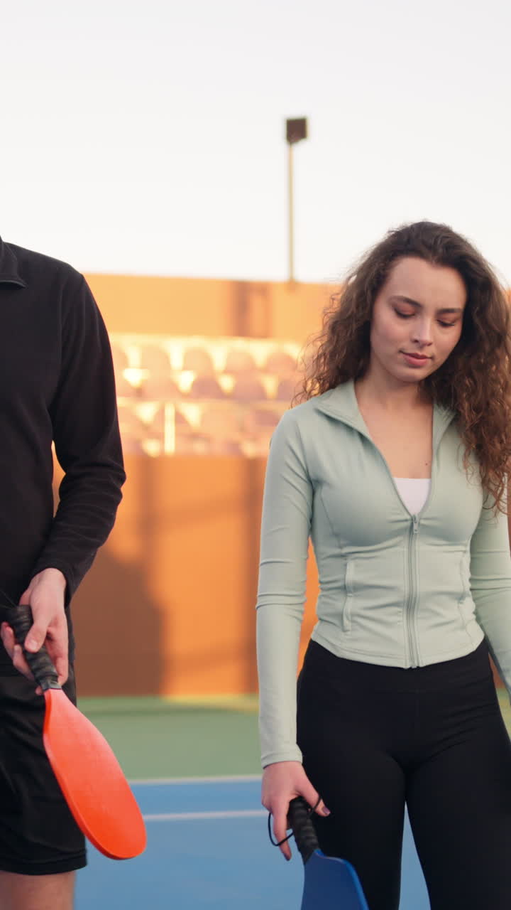 A man and a woman with curly hair walking on a blue court, holding pickleball rackets, on a sunny day. Vertical