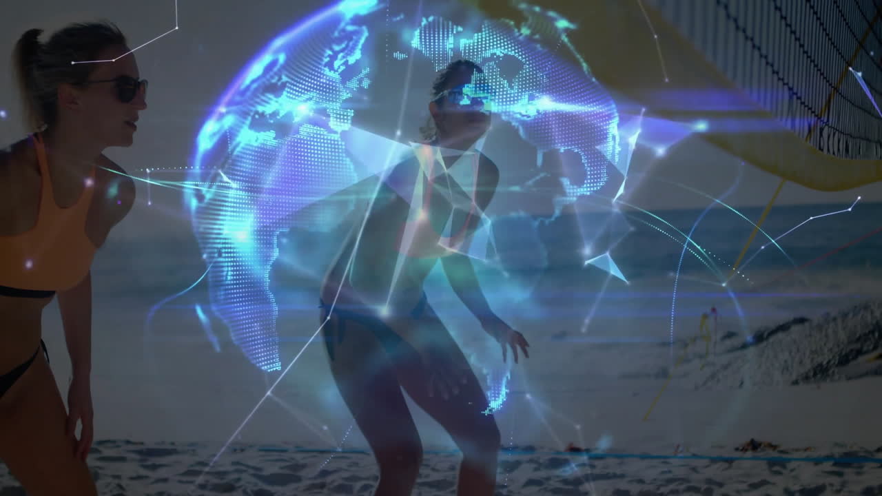 Holographic globe animation above people doing beach activities and playing in sand