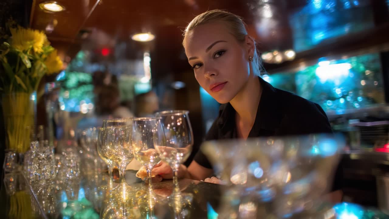 A Captivating Moment at the Bar: A Female Bartender's Intense Gaze Amidst Glittering Glasses, Showcasing the Ambience of a Stylish Establishment Focused on Service and Craftsmanship