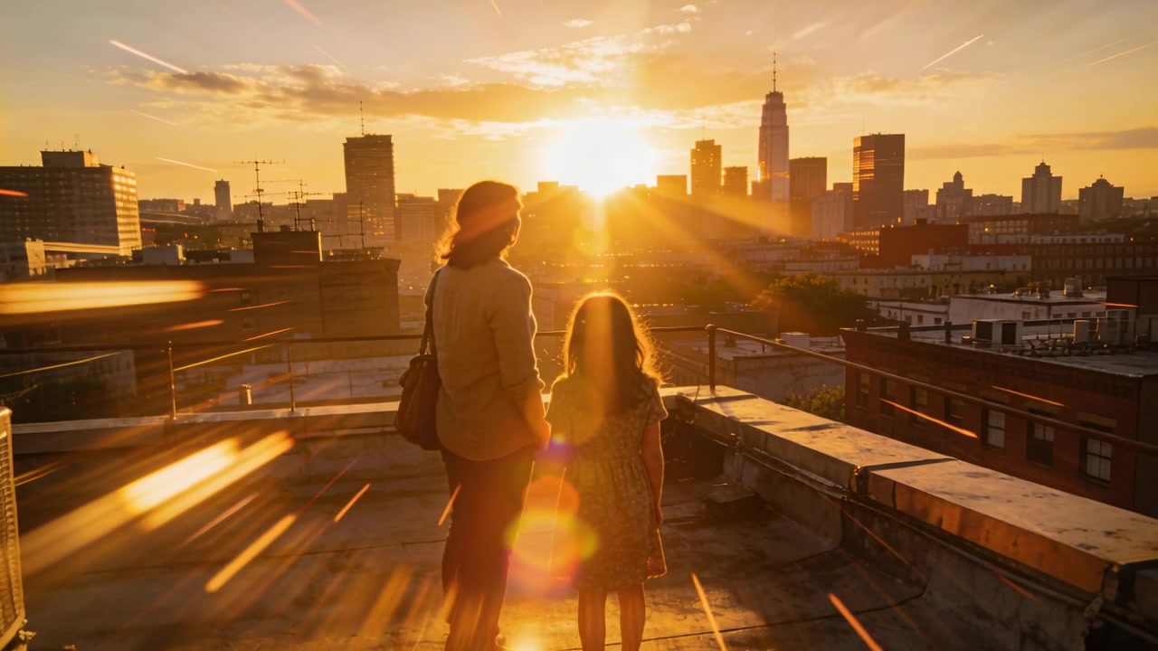 Mulher adulta e criança em pé se aproximando no terraço enquanto o sol se põe, de mãos dadas, perto do corrimão.