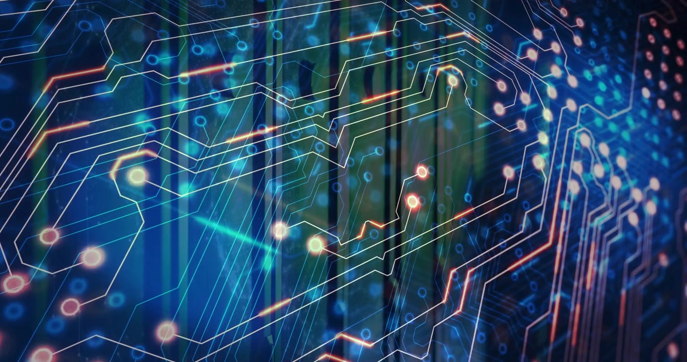 Initial network appearing, circuit nodes pulsing orange along white traces and showing data flow