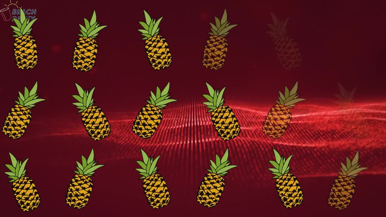 빨간색 격자 배경 위에 여러 개의 파인애플의 애니메이션