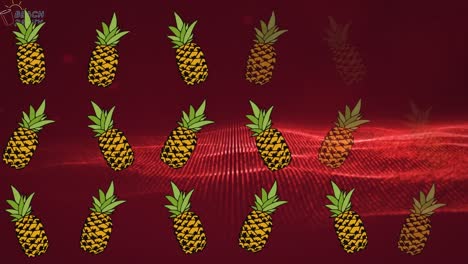 Animation-of-multiple-pineapples-over-red-mesh-background