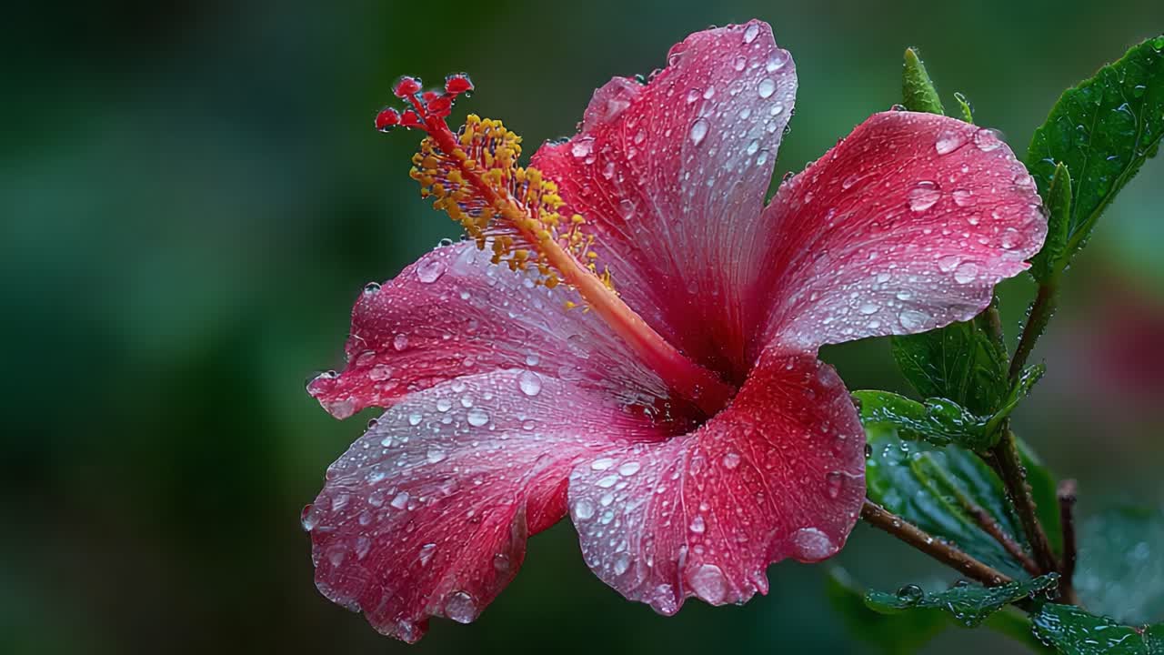Uno splendido primo piano di un vivace fiore di ibisco che mostra gocce di pioggia sui suoi petali, catturando la bellezza della natura con dettagli vividi e colori ricchi.
