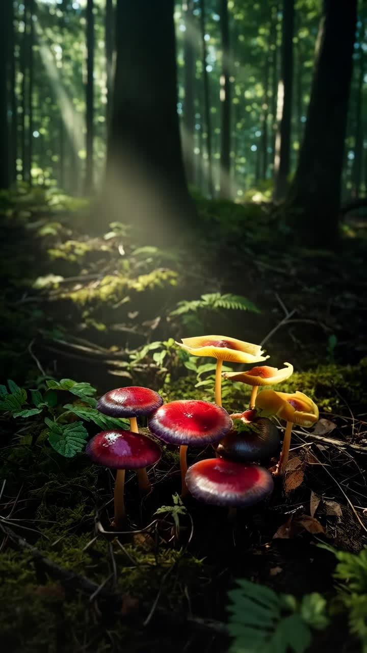 Vibrant Mushrooms Bathed in Forest Sunlight