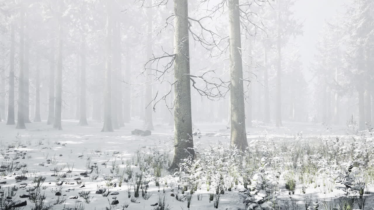 Winter tranquility envelops a serene forest blanketed in fresh snow