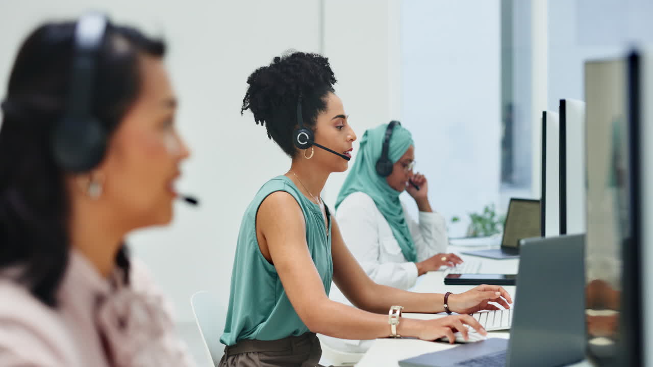 Computer, telemarketing or black woman in call
