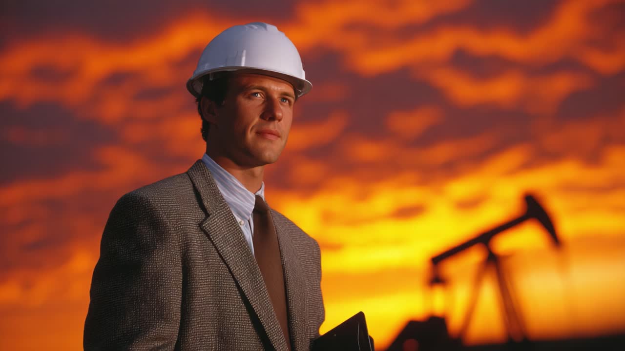 A Professional Oil Industry Worker in a Hard Hat Stands Confidently Against a Stunning Sunset Over an Oil Field, Highlighting Determination and Industry Expertise