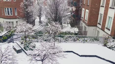 A-rare-4K-static-shot-of-snow-falling-on-a-small-park-in-Dublin-Ireland-surrounded-with-appartments