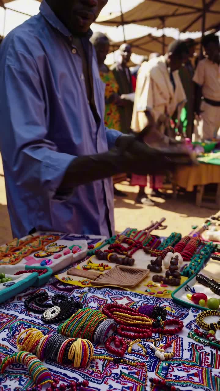 Vibrant market scene video capturing colorful handmade jewelry on a table