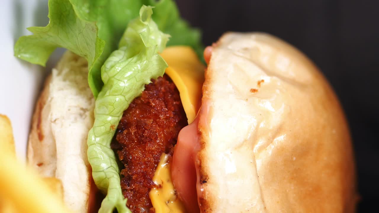Close-up of a delicious hamburger with fries