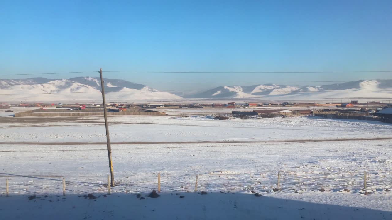 Nomadic Mongolian Community During Winter. Dolly Left Establishing Shot