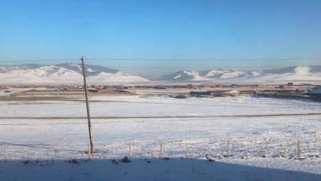 nomadic mongolian community during winter. dolly left establishing shot