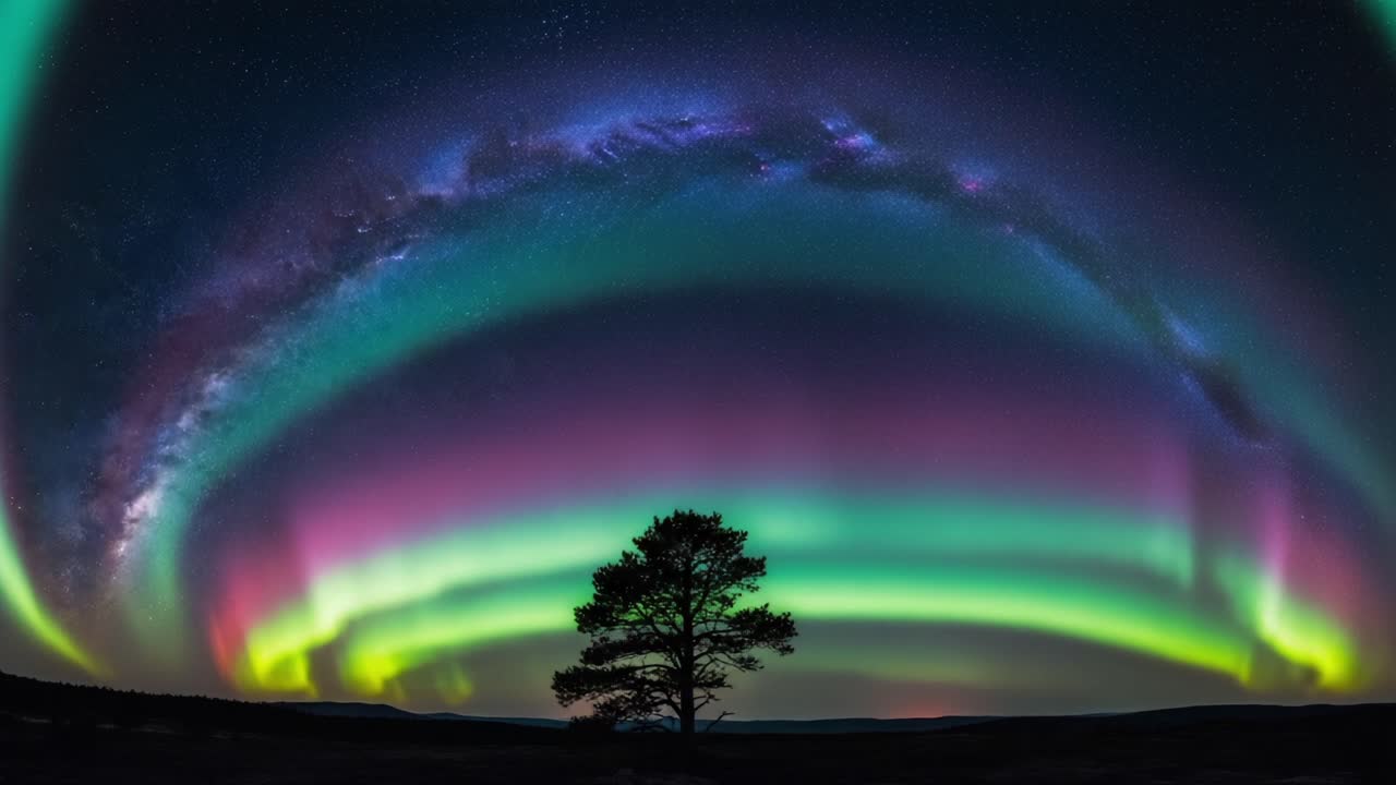Breathtaking Aurora Borealis: A Stunning Display of Colorful Lights Above a Lonely Tree Underneath a Starry Sky