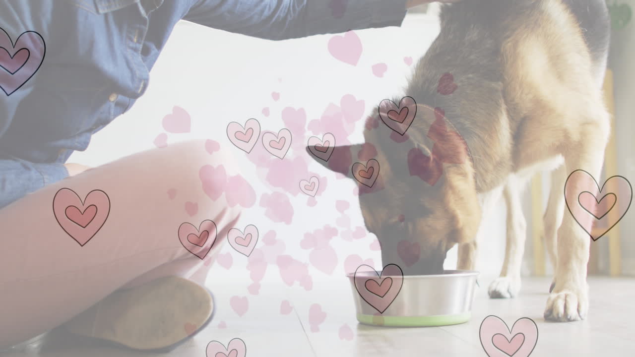 애완견과 함께 백인 여성 위에  ⁇ 은 심장 아이콘의 애니메이션