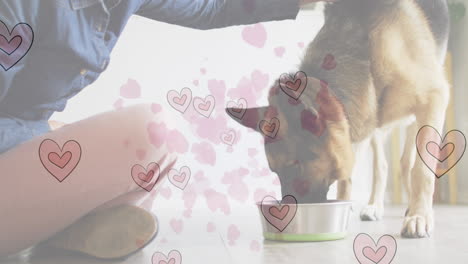 animación de iconos de corazón rojo sobre mujer caucásica con perro mascota