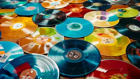 A pile of colorful vinyl records sitting on top of a wooden table