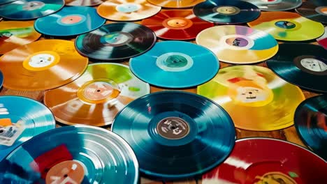 a pile of colorful vinyl records sitting on top of a wooden table