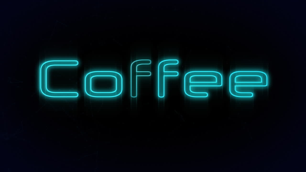 Animação do texto 'café' em néon azul cintilante sobre fundo preto.
