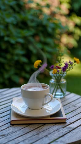 A cozy video scene with a close-up of a coffee cup on a book, set on a rustic table