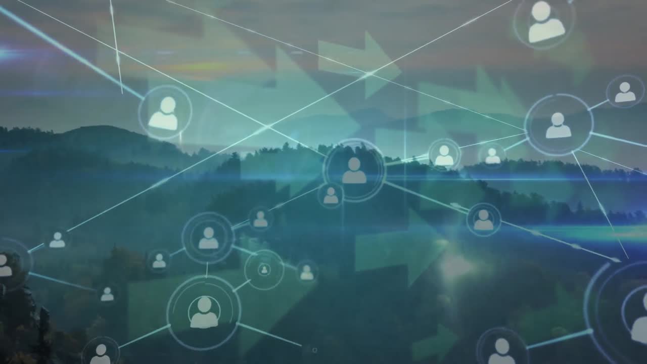 animación de la red de conexiones con iconos y flechas sobre el paisaje