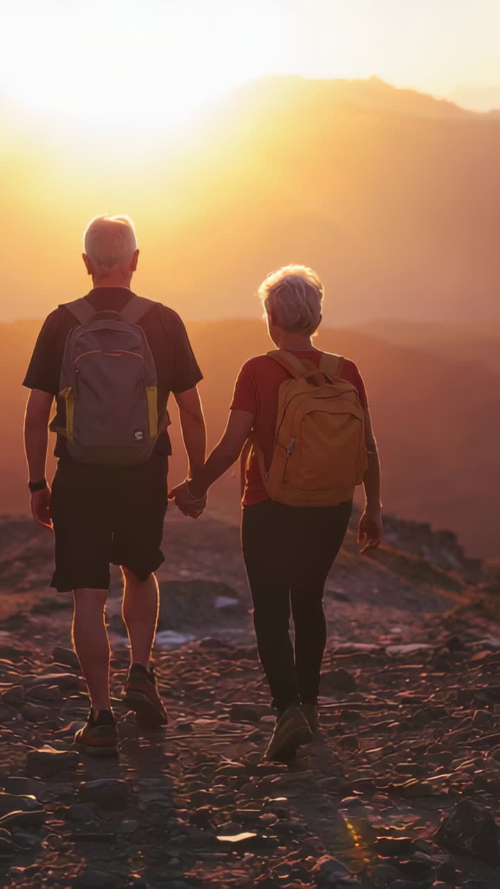 Vertical video: Walking senior couple wearing hiking gear with packs toward low sun on rocky ridge