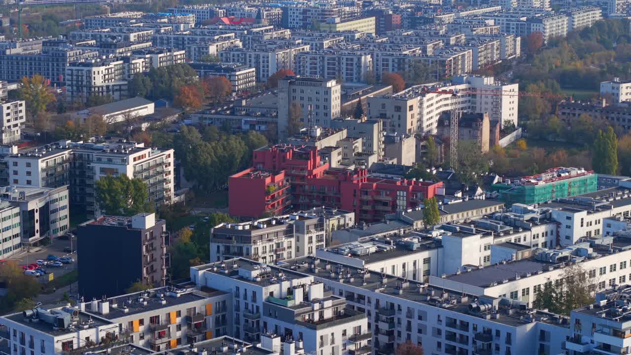 Aerial View of Modern Residential Neighborhood in Warsaw, Poland, Apartment Buildings on Sunny Morning, Drone Shot