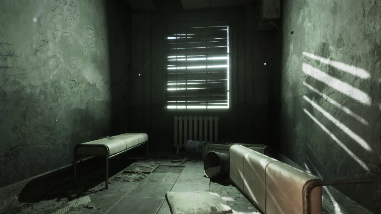 Abandoned room with deteriorating walls and broken furniture in dim light