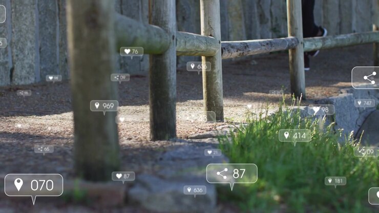 Incoming social alerts starting while man passing by railing on path, hearts pins clustering fading