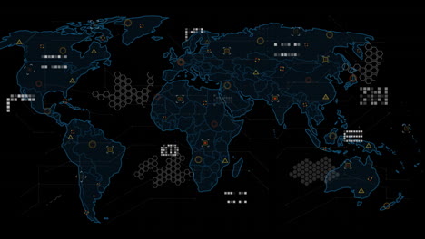 animation of data processing with world map on black background